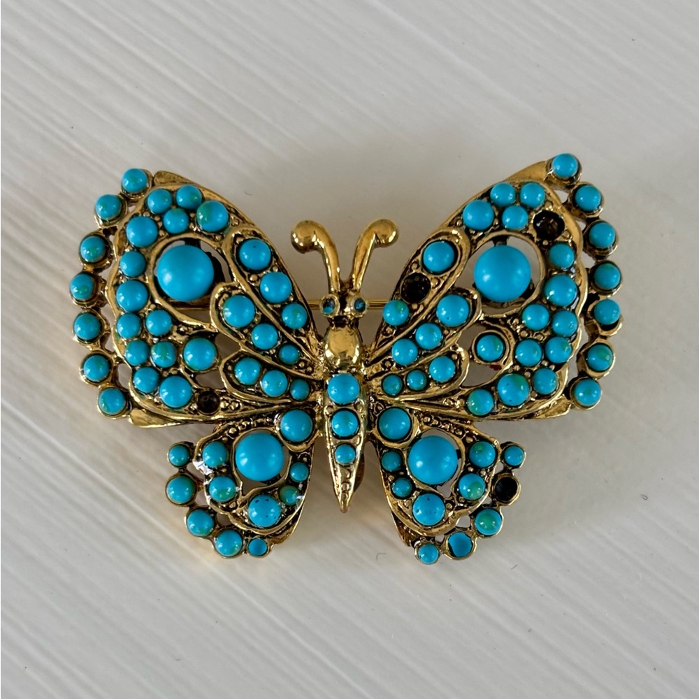 Elegant Gold and Turquoise Butterfly Brooch